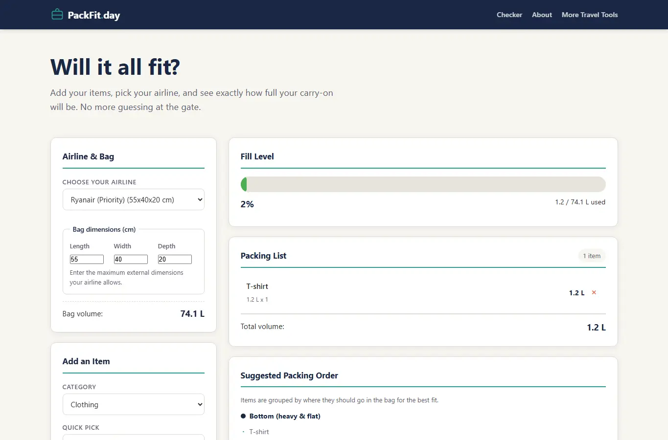 Screenshot of Carry-On Packing Volume Checker interface showing the project page in use